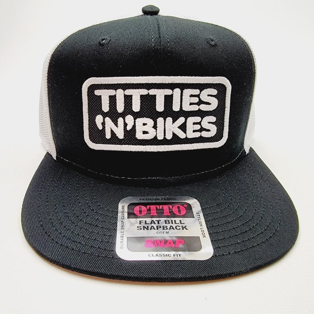 Titties 'N' Bikes Trucker Embroidered Patch Mesh Snapback C…